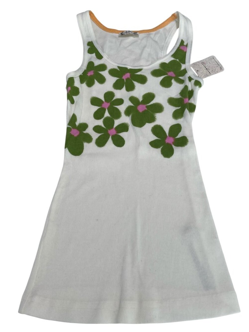 Floral Ribbed Racerback Tank Top - White with Green & Pink Flowers - Picture 5 of 12